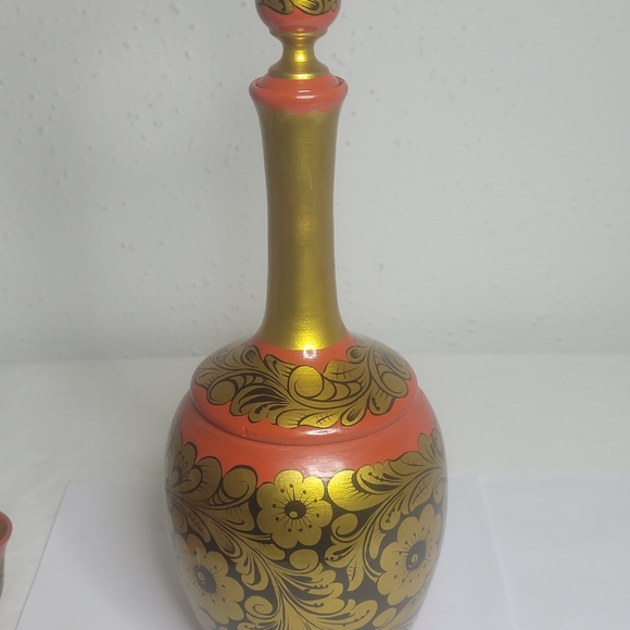 Vintage Russian Khokhloma wood set Vodka bottel 6 goblets one water gobl… - Picture 16 of 16